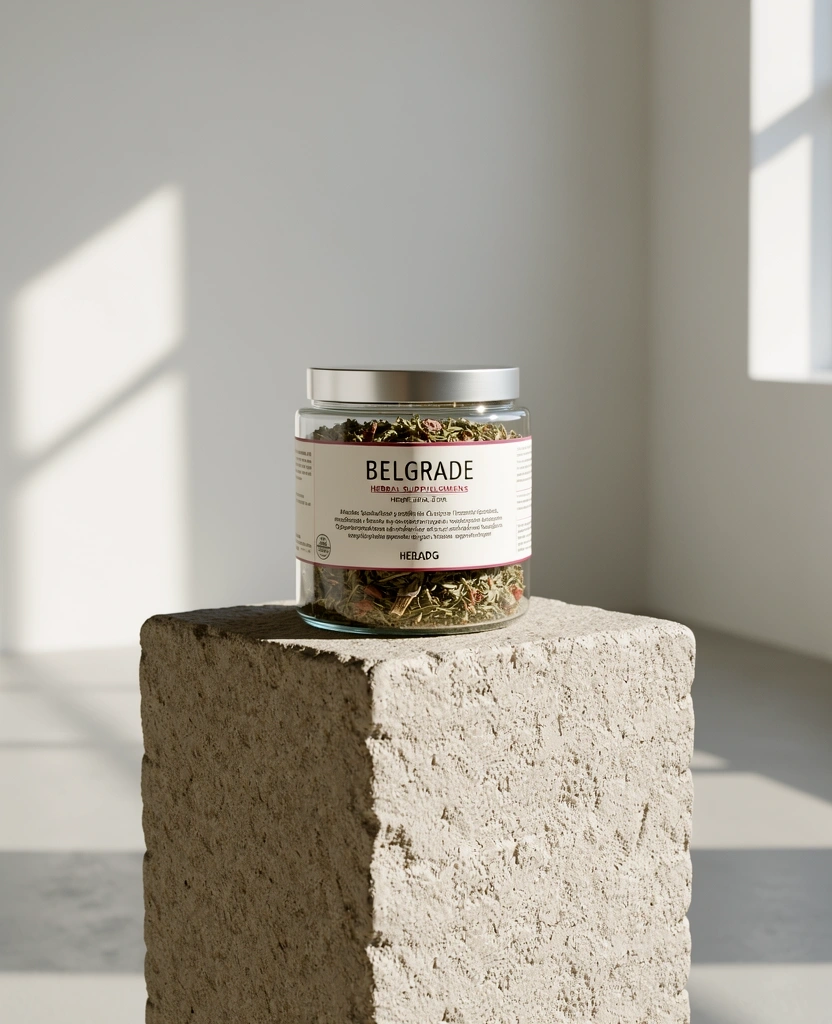 Natural supplement bottle in aesthetic setting